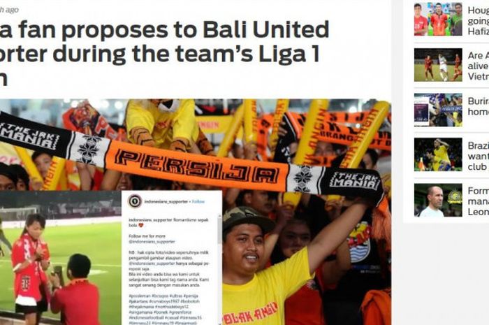 Fox Sports Asia turut memberitakan aksi seorang The Jakmania yang melamar Lady Dewata dalam pertandingan Persija Jakarta kontra Bali United pekan ke-33 Liga 1 2018 di Stadion I Wayan Dipta, Minggu (2/12/2018).