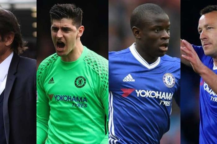 Dari kiri ke kanan: Antonio Conte, Thibaut Cortouis, N'Golo Kante, John Terry.  Chelsea menjuarai Liga Inggris 2016-2017 dengan modal materi pemain yang saling mendukung dalam racikan jempolan pelatih.