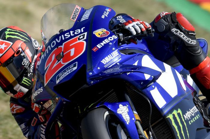 Maverick Vinales saat menjalani sesi latihan bebas di Sirkuit Sachsenring, Jerman, Jumat (13/7/2018).