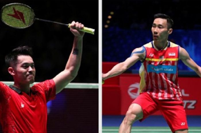 Pebulu tangkis tunggal putra China, Lin Dan (kiri), depan bereaksi saat memenangi laga atas Lee Chong Wei (Malaysia) pada laga perempat final All England 2018 yang berlangsung di Arena Birmingham, Inggris, Jumat (16/3/2018).