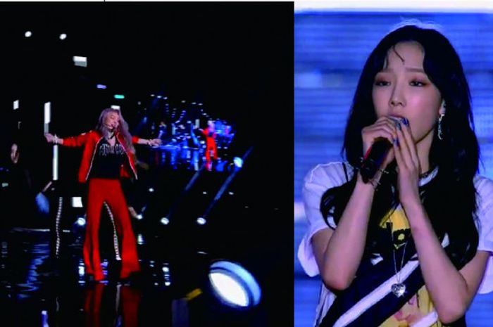 Aksi Taeyeon (kanan) dan Hyoyeon dalam acara Countdown Asian Games 2018