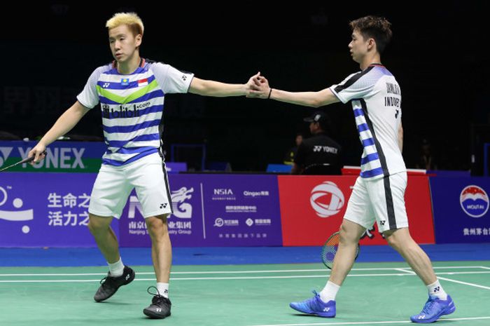 Marcus Fernaldi Gideon/Kevin Sanjaya Sukamuljo saat tampil pada babak 16 besar Kejuaraan Dunia Bulu Tangkis 2018 yang digelar di Nanjing, China, pada Kamis (2/8/2018).