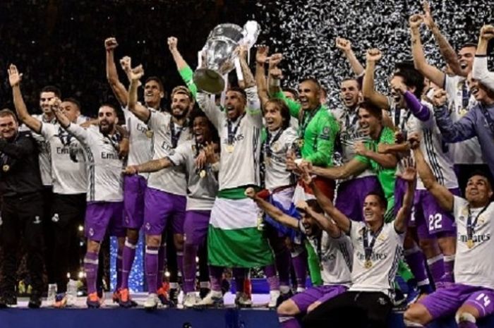 Para pemain Real Madrid merayakan gelar juara Liga Champions 2016-2017 di Stadion Millenium, Cardiff, Sabtu (3/6/2017). 
