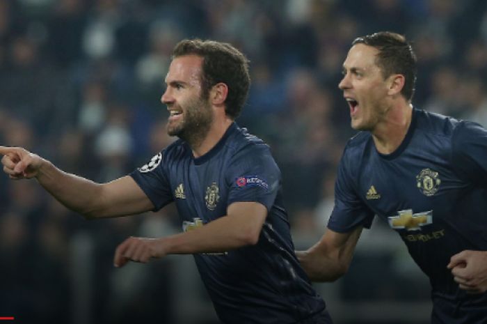 Juan Mata merayakan gol Manchester United ke gawang Juventus pada pertandingan Liga Champions di Turin, 7 November 2018. 