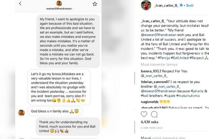 Striker Persija Jakarta, Ivan Carlos mengirim pesan lewat akun instagram kepada Kiper Bali United, Wawan Hendrawan pada Kamis (19/7/2018).