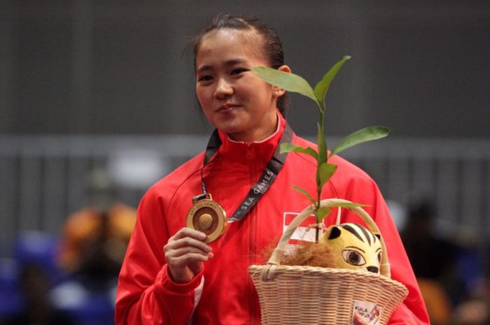 Felda Elvira Santoso memperoleh medali emas dari  cabang olahraga Wushu nomor Qiangshu  pada hari Senin (21/8/2017)