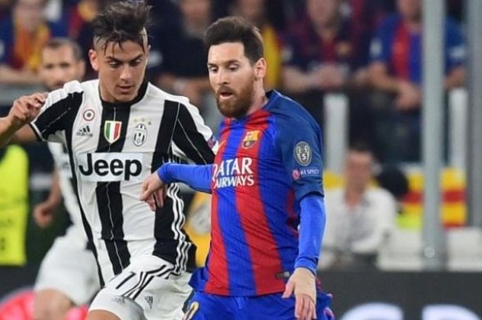 Aksi Paulo Dybala (kiri) dan Lionel Messi dalam partai Liga Champions antara Juventus dan FC Barcelona di Juventus Stadium, Turin, 11 April 2017.