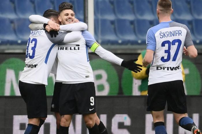 Penyerang Inter Milan, Mauro Icardi, merayakan golnya ke  gawang Sampdoria pada laga Lita Italia di Stadion Luigi Ferraris, Genoa, pada Minggu (18/3/2018).