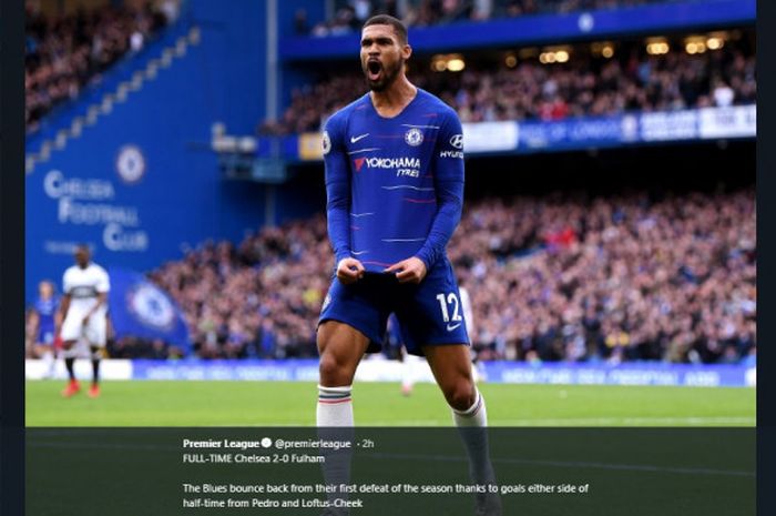 Gelandang Chelsea, Ruben Loftus-Cheek, merayakan golnya dalam laga Liga Inggris pekan ke-14 melawan Fulham, Minggu (2/12/2018) malam WIB di Stadion Stamford Bridge, London.