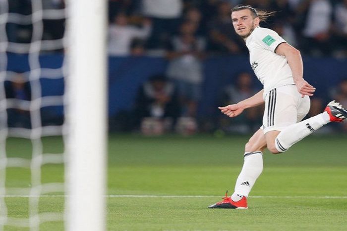 Ekspresi penyerang Real Madrid, Gareth Bale, setelah mencetak gol, dalam laga semifinal Piala Dunia Antarklub 2018 melawan Kashima Antlers, Rabu (19/12/2018), di Sheikh Zayed Sports City, Abu Dhabi, Uni Emirat Arab.