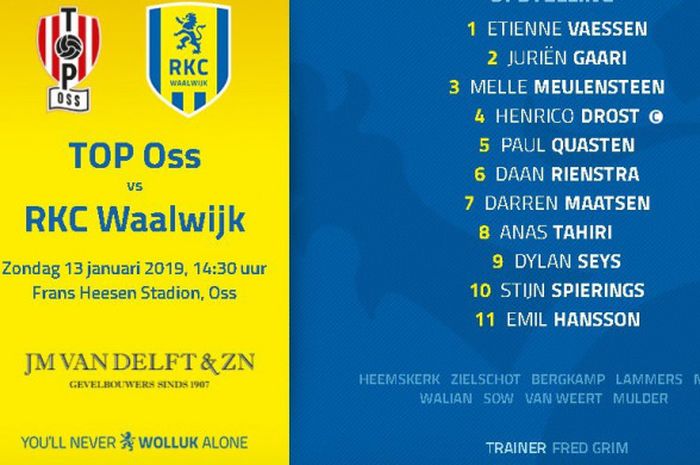Daftar susunan pemain RKC Waalwijk, termasuk ada Ezra Walian di daftar cadangan, saat dijamu TOP Oss pada laga Eerste Divisie 2018-2019 di Stadion Frans Heesen, 13 Januari 2019. 