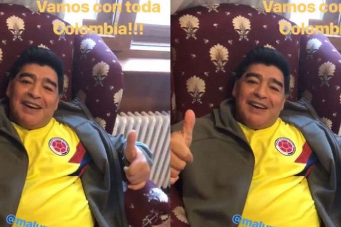 Diego Maradona mengunggah fotonya sedang menggunakan seragam Kolombia di Instagram untuk mendukung Kolombia saat melawan Inggris pada babak 16 besar Piala Dunia 2018, Selasa atau Rabu (4/7/2018) dini hari WIB.