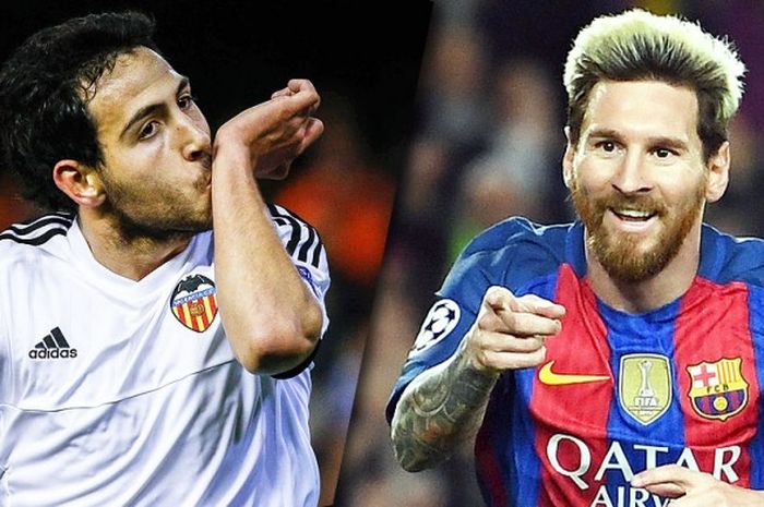 Agresivitas Daniel Parejo (kiri/Valencia) harus seimbang dengan serangan Lionel Messi (Barcelona).