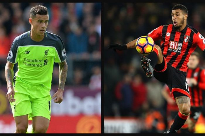 Gelandang Liverpool FC, Philippe Coutinho (kiri), dan pemain Bournemouth, Joshua King, bisa menjadi bintang dalam pertandingan pekan ke-28 Premier League.