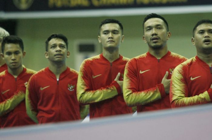 Para pemain timnas futsal Indonesia jelang laga kontra timnas futsal Myanmar pada partai fase Grup A Piala AFF Futsal 2018 di GOR UNY, Kabupaten Sleman, 4 November 2018. 