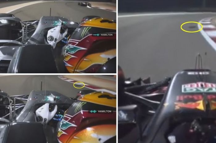 Kiri: Momen saat Hamilton melihat T-wing Bottas terlepas. Kanan: Momen sebelum Verstappen melindas T-wing itu.