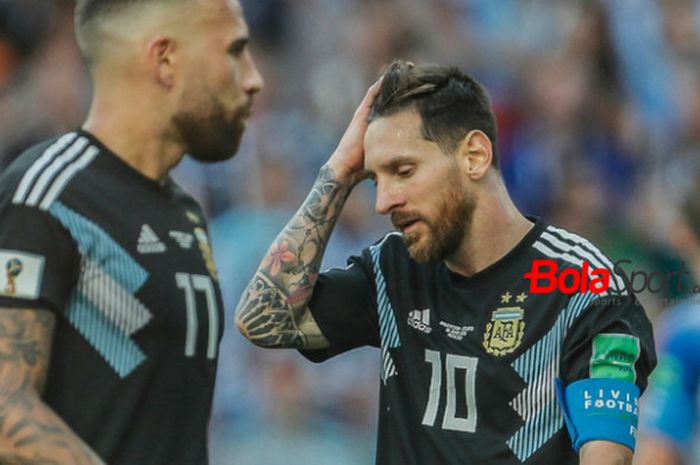 Ekspresi megabintang Argentina, Lionel Messi, seusai laga Grup D Piala Dunia 2018 kontra Islandia di Spartak Stadium, Moskow, Rusia pada 16 Juni 2018.