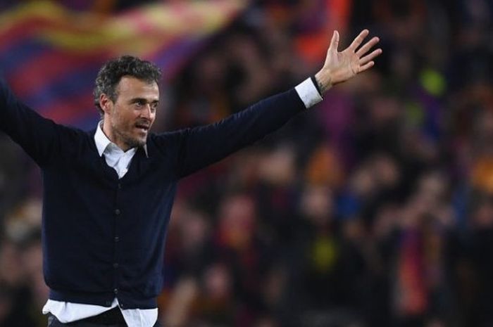Reaksi pelatih FC Barcelona, Luis Enrique, setelah membawa timnya menang atas Paris Saint-Germain dalam partai Liga Champions di Camp Nou, Barcelona, 8 Maret 2017.