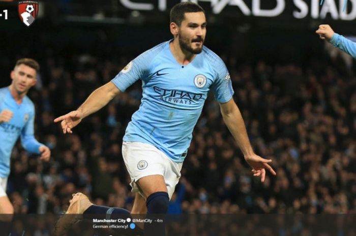 Ilkay Guendogan berhasil mencetak gol bagi Manchester City saat melawan Bournemouth pada laga pekanke-14 Liga Inggris 2018-2019, Sabtu (1/12/2018), di Stadion Etihad.