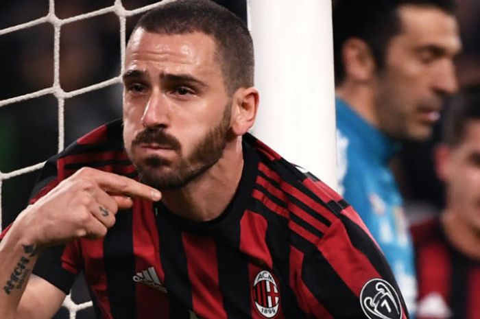 Leonardo Bonucci setelah menjebol gawang Juventus dan menyamakan kedudukan 1-1 pada lanjutan LIga Italia di Aliianz Stadium pada Sabtu (31/3/2018) atau Mingdu dini hari WIB