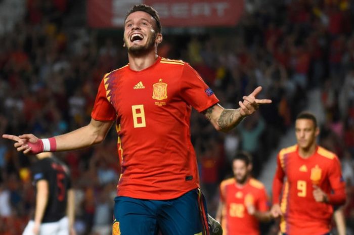 Pemain Spanyol, Saul Niguez, melakukan selebrasi setelah mencetak gol ke gawang Kroasia pada pertandingan Liga A Grup 4 UEFA Nations League di Stadion Martinez Valero, Selasa (11/9/2018) waktu setempat atau Rabu dini hari WIB,