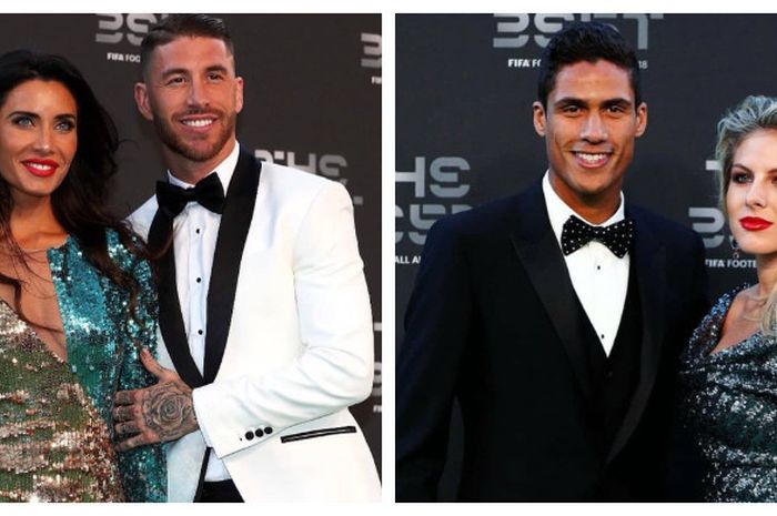 Sergio Ramos (kiri) dan Raphael Varane menghadiri The Best FIFA Football Awards 2018 bersama pasangan masing-masing.