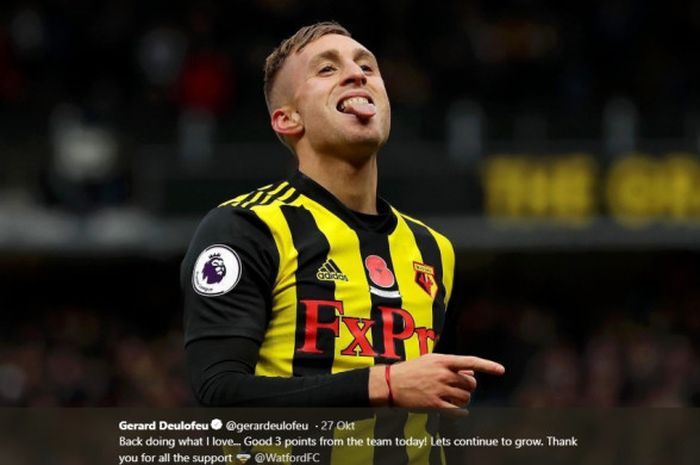 Aksi gelandang Watford, Gerard Deulofeu, pada laga Liga Inggris kontra Huddersfield Town