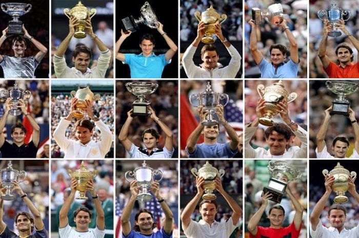 Roger Federer (Swiss) berpose dengan 18 trofi Grand Slam yang diperoleh dalam kariernya sebagai petenis.