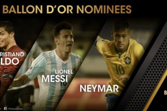 FIFA mengumumkan Cristiano Ronaldo, Lionel Messi, dan Neymar sebagai tiga finalis FIFA Ballon d'Or 2015.