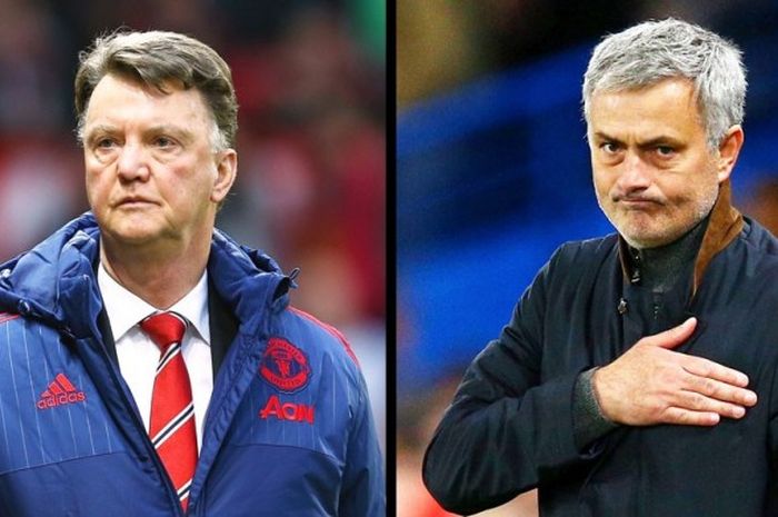 Louis Van Gaal (kiri) dan Jose Mourinho. Pekan depan, keduanya dikabarkan akan melakukan serah terima jabatan Manajer Manchester United.