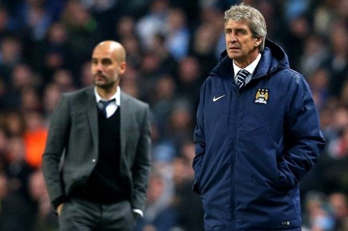 Manajer Manchester City, Manuel Pellegrini (kanan), dan pelatih Bayern Muenchen, Josep Guardiola, hadir pada laga Liga Champions di Stadion Etihad, 25 November 2015.