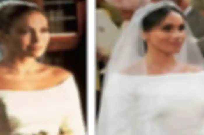 Gaun pengantin Meghan dianggap serupa dengan gaun J.Lo di film The Wedding Planner. Kesamaan terlihat pada bagian bahu, siluet A, dan tangannya.
