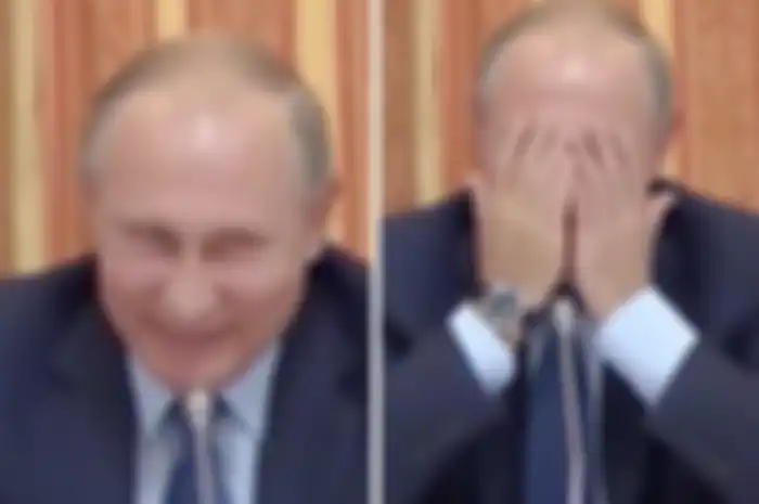 Setelah menjawab, Presiden Putin mulai tertawa histeris sambil menutupi mukanya dengan menangkupkan kedua tangan.