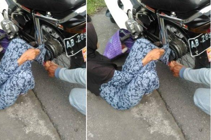 Kali ini, seorang ibu terjatuh dari motor lantaran pakaian berupa gamis yang dikenakannya tersangkut rantai motor.