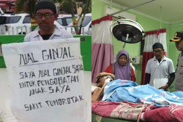 Sambil membawa kertas yang digantung di lehernya, seorang ayah menawarkan ginjalnya demi biaya pengobatan anaknya yang sedang mengidap tumor otak.