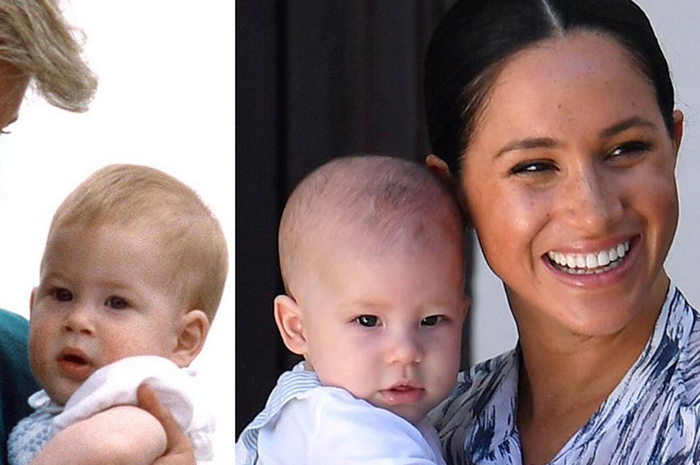 Bayi Archie dalam gendongan Meghan Markle dan Pangeran Harry dalam gendongan Putri Diana.