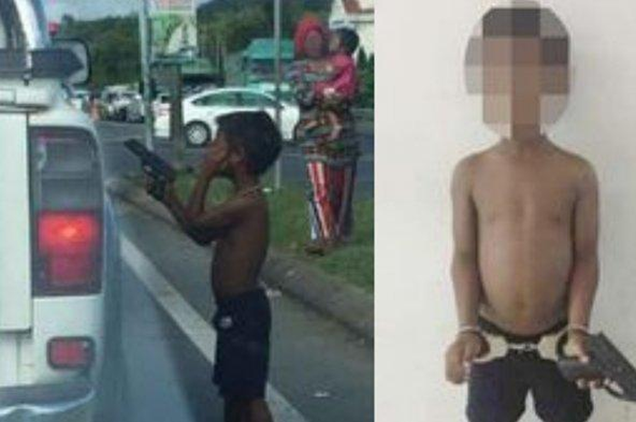 Viral foto bocah cilik palak mobil sambil todongkan pistol mainan. Rupanya peristiwa itu terjadi di Sabah, Malaysia.