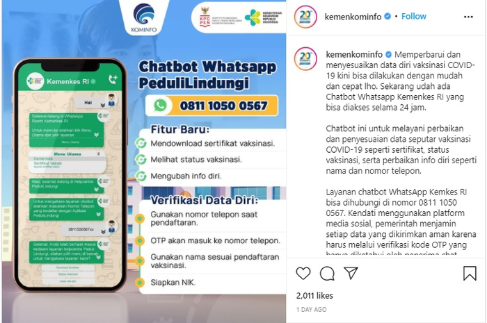 Sertifikat vakisn Covid-19 kini bisa diunduh lewat WhatsApp