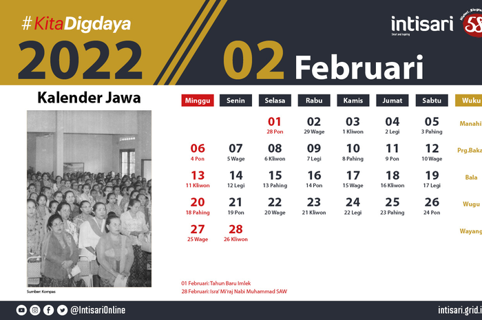 Kalender Jawa Februari 2022 lengkap dengan hari hingga weton pasaran dan wuku. Segera cek untuk merencanakan acara Anda!