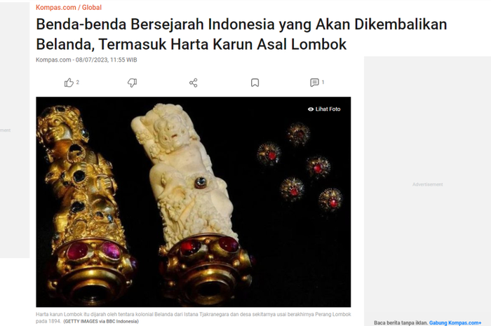 Harta karun Lombok itu dijarah oleh tentara kolonial Belanda dari Istana Tjakranegara dan desa sekitarnya usai berakhirnya Perang Lombok pada 1894. Perang Lombok adalah peristiwa berdarah yang menyebabkan puputan raja dan pengikutnya. Belanda memanfaatkan perang ini untuk merampas harta karun.