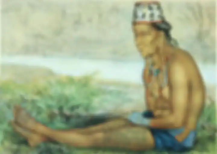 Pendeta perempuan dari Dayak Tring yang menunjukkan rajah di sekujur pahanya. Telinganya memanjang karena berbandul logam. Litografi ini berdasar karya lukis Carl Bock antara 1879-1880. Perempuan ini berkata kepada Bock bahwa selain telapak tangan, otak dan daging lutut merupakan hidangan terlezat bagi sukunya.