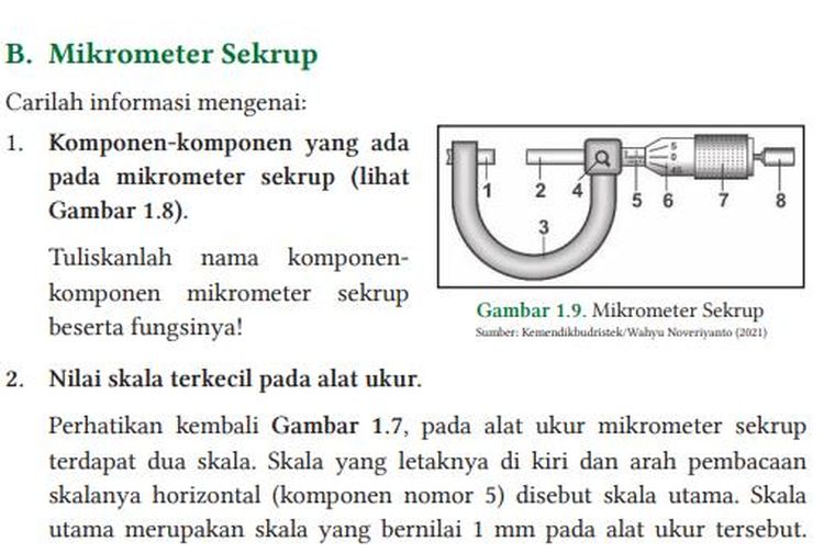 Jawaban Nama Komponen-Komponen Mikrometer Sekrup dan Fungsinya, IPA 10