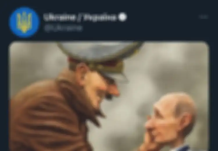 Resmi Berperang, Ukraina Unggah Karikatur Adolf Hitler Pegang Pipi Vladimir Putin, Sebut Sama-sama Gunakan Tipu Muslihat Untuk Menyerang Negara Lain