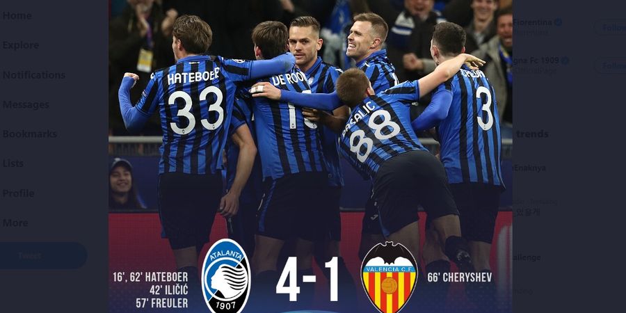 Hasil Liga Champions - Satu Jam Cetak 4 Gol, Satu Kaki Atalanta di Perempat Final