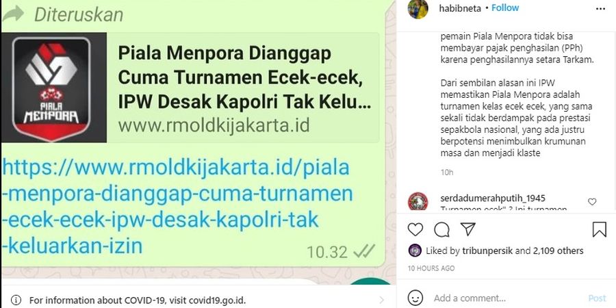  Anggap Piala Menpora 2021 Turnamen Ecek-ecek, Akun Instagram Ketua IPW Diserbu Pemain dan Suporter