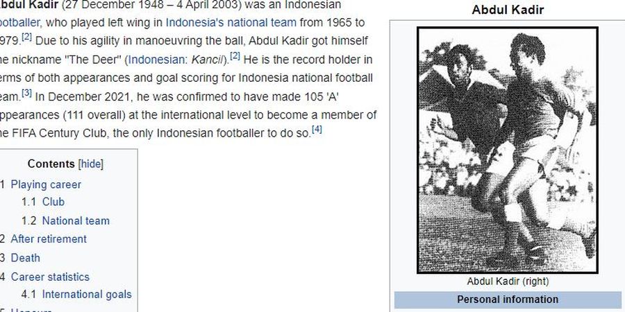 FIFA Century Club - Abdul Kadir, Si Kancil Winger Persebaya Jadi Satu-satunya Pemain Timnas Indonesia Masuk Daftar Sejarah