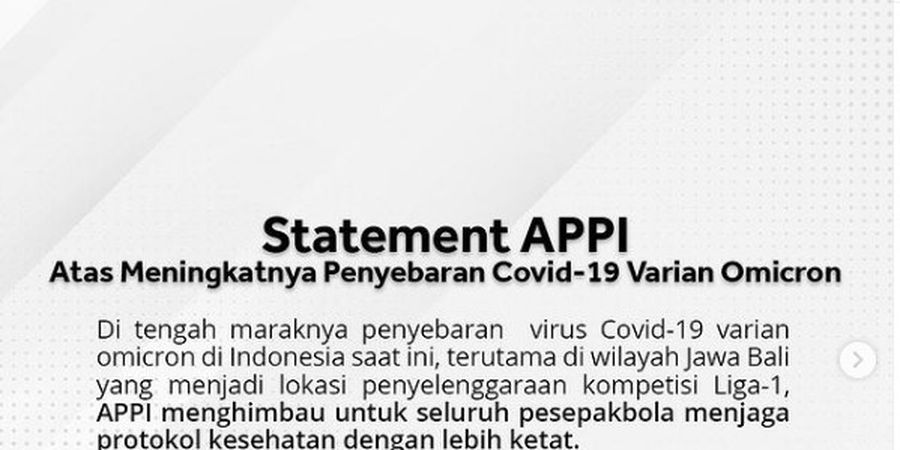 APPI Rilis Pernyataan soal Penambahan Kasus Covid-19 di Liga 1