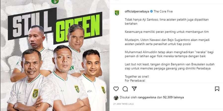 Kabar Gembira, Tim Pelatih Persebaya Surabaya Musim Ini Dipastikan Bertahan