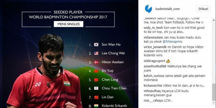 Jagoan-jagoan Unggulan Tunggal Putra di Kejuaraan Dunia 2017