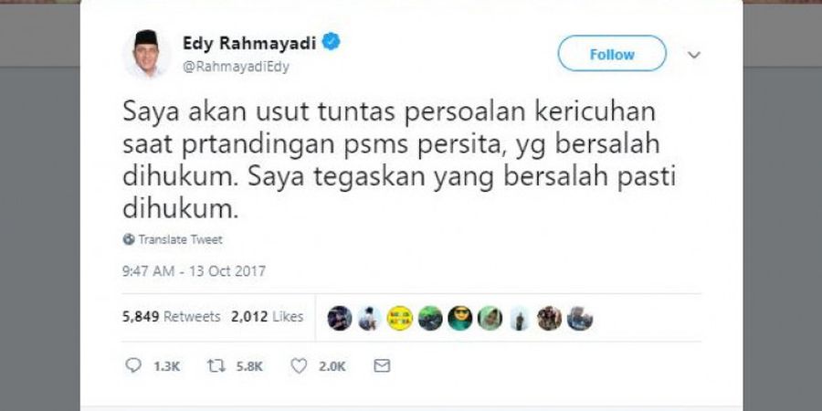 Soal Usut Tuntas Kasus Meninggalnya Suporter Persita Banu Rusman, Ini Kata Edy Rahmayadi